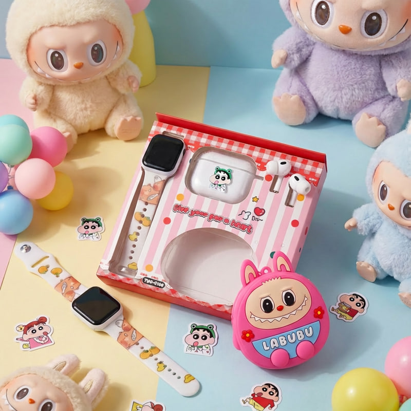 پکیج هدیه ساعت هوشمند و هنزفری بلوتوثی طرح لبوبو