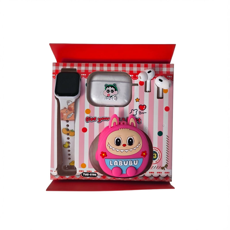 پکیج هدیه ساعت هوشمند و هنزفری بلوتوثی طرح لبوبو